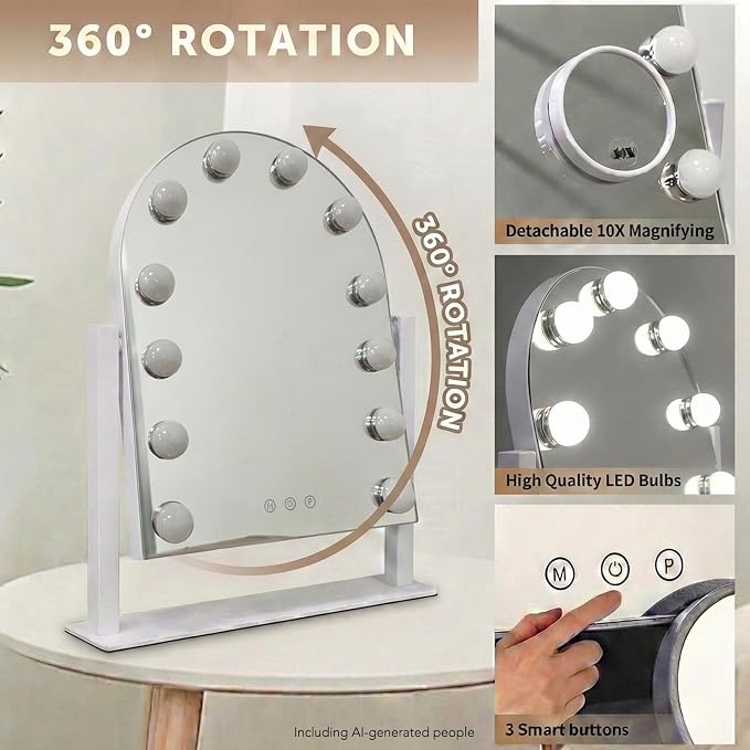Arched Makeup Vanity Mirror with LED Lights Makeup Mirror Detachable 10X Magnification, Hollywood Make Up Mirror with Lighting, Smart Touch, Rechargeable,360° Rotation, White 18.5"x 14.17"
