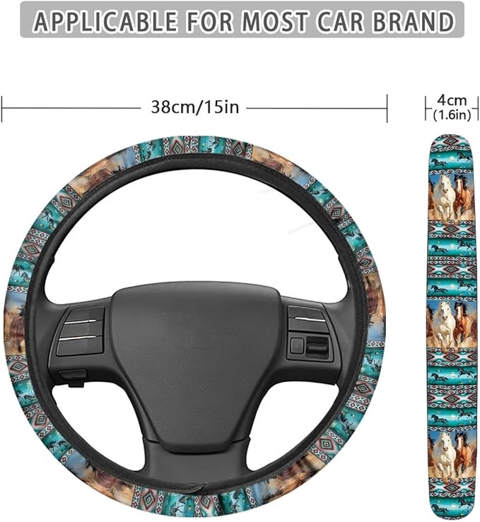 Wanyint Car Steering Wheel Cover Universal 15 Inch Steering Wheel Wrap Anti-Slip Soft Elastic Decorative Auto Accessories All Weather Protection, Aztec Running Horse Teal