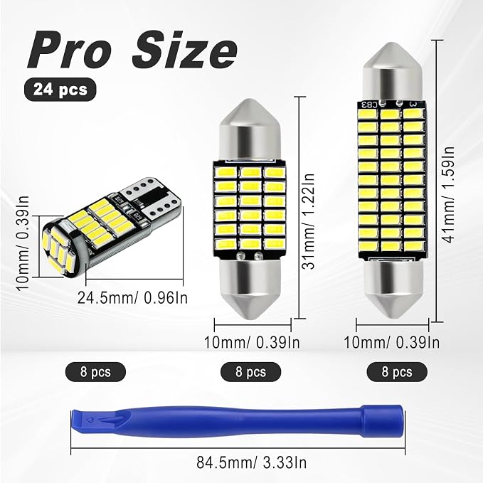 24 PCS Car LED Lights Interior Kit, T10 31mm 41mm LED Dome Lights Interior Replacement for Car Map, License Plate, Door, Side Marker, Cornering & Trunk Bulbs (Cool White)
