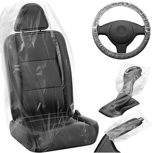 MYFAMIREA 250 PCS Disposable Car Seat Covers Clear Plastic Vehicle Seat Protector Set with Steering Wheel, Gear Shift and Handbrake Covers, Universal for Cars Auto Truck Bus Airplane