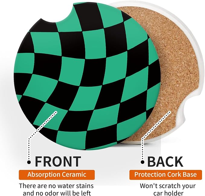 Black Green Checkerd Car Coasters for Cup Holder Absorbent Ceramic Cup Coaster 2 Pack Anti Slip Car Interior Accessories with Finger Notch Cork Base for Women Men 2.56"