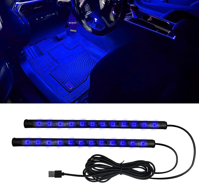 Car LED Strip Light, Car Interior Lights, 12V 24 LED Auto Under Dash Atmosphere Lights with USB Port, Auto Atmosphere Under Dash Lighting Kit for Vehicles (Blue, USB)