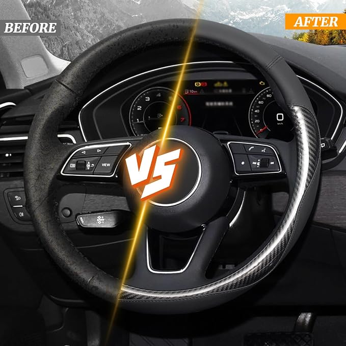 KAFEEK Carbon Fiber Steering Wheel Cover for Men, Car Accessories, Black | Universal 15 Inch Sporty & Thin Cover, Anti-Slip Matte Leather, All-Black Sleek Design