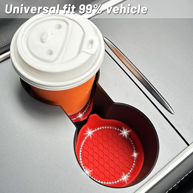 NBTEPEM 4PCS Bling Car Coasters, Non-Slip Insert Water Bottle Holder Pads, Bling Crystal Rhinestone Dustproof Automotive Interior Accessories, Universal for Vehicles, Trucks, RVs (4 pcs, Red)