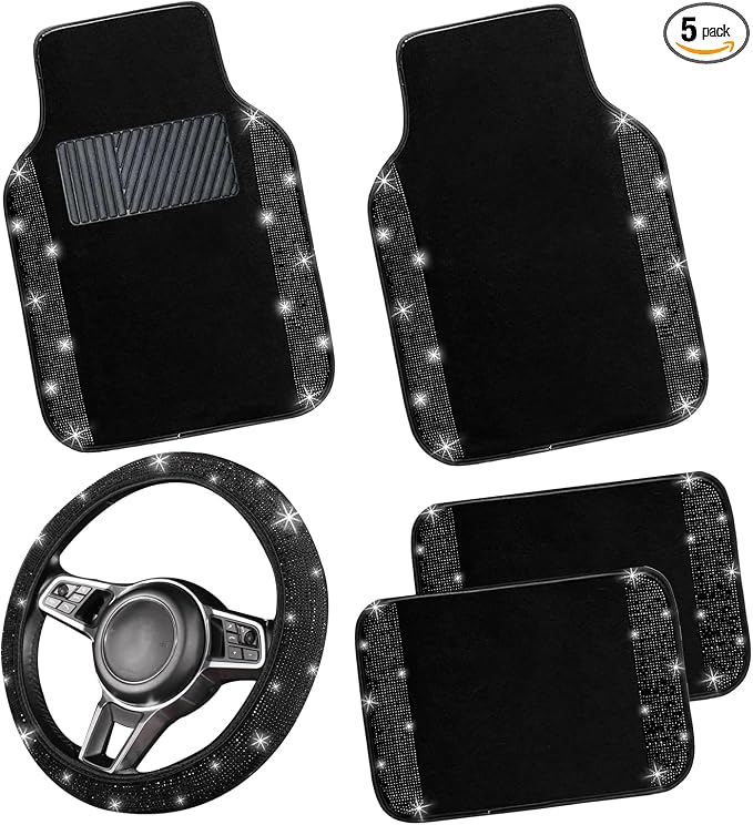NBTEPEM Bling Car Floor Mats Full Set and Steering Wheel Cover, Universal Fit Most Cars, 4 pcs Sparkle Glitter Diamond Carpet, 5 pcs Bling Car Accessories Set for Women (Black Diamond)