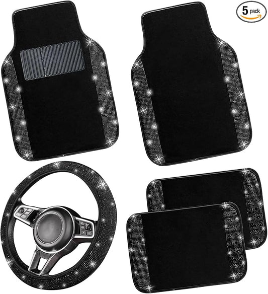 NBTEPEM Bling Car Floor Mats Full Set and Steering Wheel Cover, Universal Fit Most Cars, 4 pcs Sparkle Glitter Diamond Carpet, 5 pcs Bling Car Accessories Set for Women (Black Diamond)