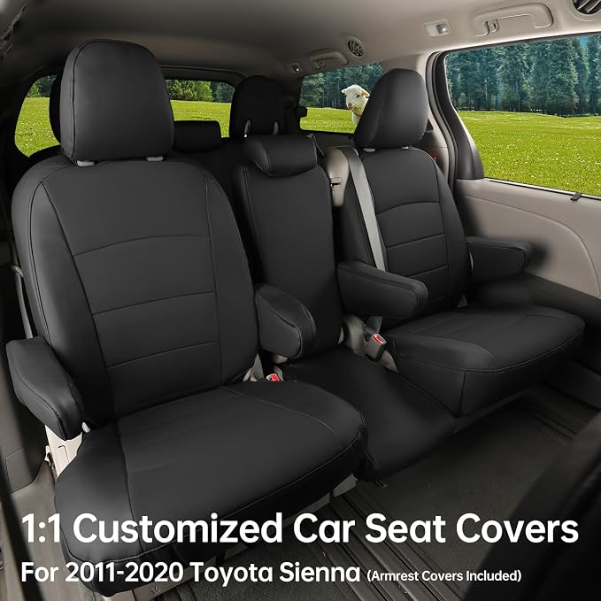 coverdream Sienna Leather Car Seat Covers Custom Fit for 2011-2020 Toyota Sienna SE,LE,XLE,SE Premium,XLE Premium,8-Seater,Full Coverage,Airbag Compatible Auto Seat Protector (Full Set,Black)