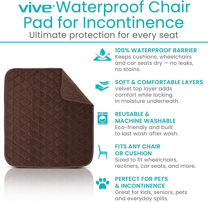 Sures Waterproof Chair Pads for Incontinence (22" x 21") - Washable, Waterproof Seat Protector - Chair Protector Seat Cover - Absorbent Pad for Bed, Seat, Car, Wheelchair & Recliner (Brown, 1 Pack)