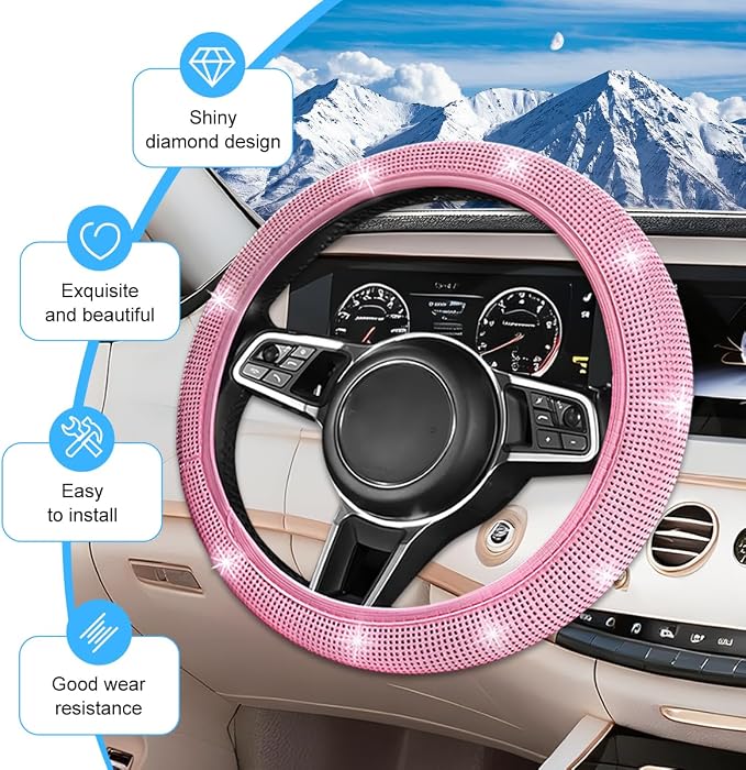 8PCS Bling Car Accessories Set, Sparkly Rhinestone Vehicle Steering Wheel Seat Belt Gear Shift Start Stop Button Cover, Diamond Auto Cup Holder Coaster Decoration, Universal Fit (All Pink)