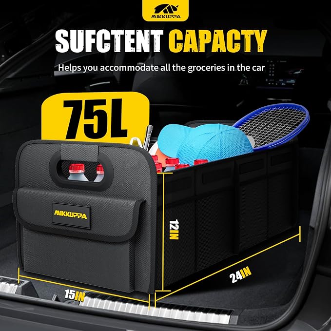 MIKKUPPA Car Trunk Organizer - 75L Collapsible Trunk Organizer with Reinforced Handles for Groceries, Trunk Storage Organizers for SUV Auto Truck Van with Non Slip Bottom (Black)