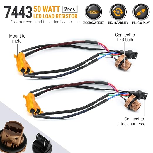O-NEX LED Resistor Kit 7443 Turn Signal Bulb Relay Harness Adapter Anti Flicker Error Decoder Warning Canceller