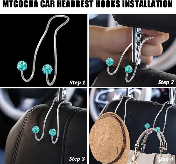 Bling Purse Hook for Car Headrest, Upgraded Cute Car Seat Hooks for Bag Handbag, Durable Stainless Auto Purse Hanger Holder 2 Pack, Lake Blue