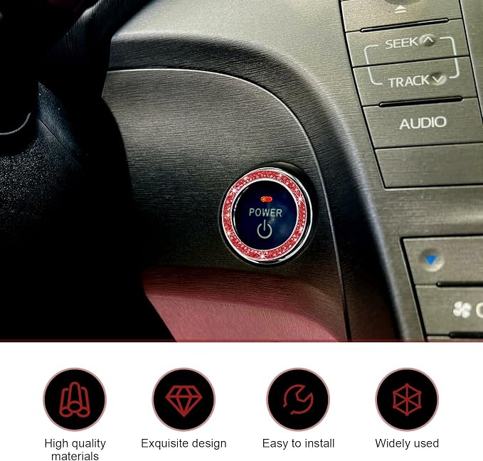 2PCS Car Engine Start Decoration Ring, Bling Crystal Double Rhinestone Push to Start Button Cover Sticker, Car Interior Accessories for Women, Fit for Key Ignition Knob Ring Decoration (Red)