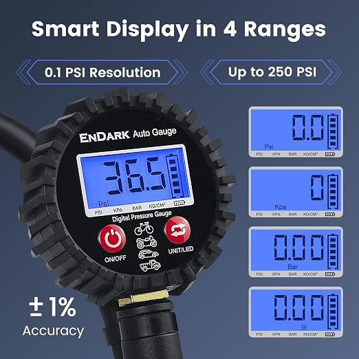Digital Tire Pressure Gauge with Inflator: ENDARK 250 PSI Air Compressor Attachment Inflation Gun with Heavy Duty 360° Air Chuck & Extended Hose and Quick Connect Coupler