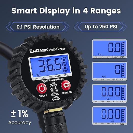 ENDARK Tire Inflator Pressure Gauge for Air Compressor - Digital Air Chuck | 3-250 PSI, 1% Accuracy, 0.1 PSI Resolution, 360° Rotating Chuck, Extended Hose, Dual-Head Chuck, Hard Carrying Case