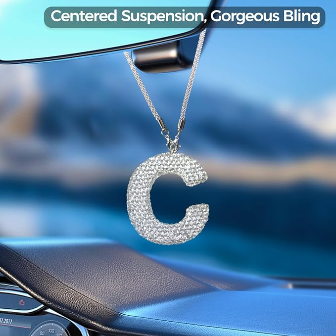 Bling Car Accessories for Women Letter Charm, Rear View Mirror Ornament Cute Hanging Crystal Pendant Girl Car Decorations, Lucky Diamond Rhinestone Girly Charm Interior (White C)