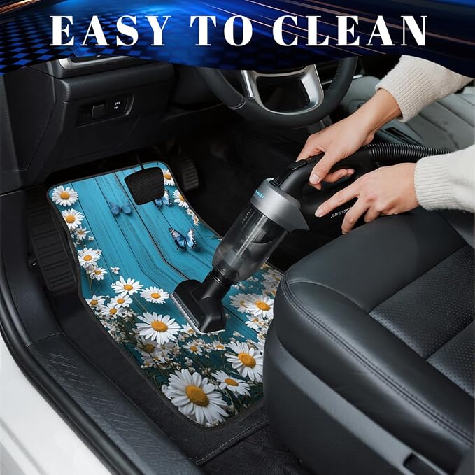 Flower Car Floor Mats Daisy Blue Butterfly Rustic Wooden Carpet Front Rear Carpets Mat Decorative Car Floor Carpets Non-Slip Auto Car Accessories Universal Fit for Car SUV Truck Van