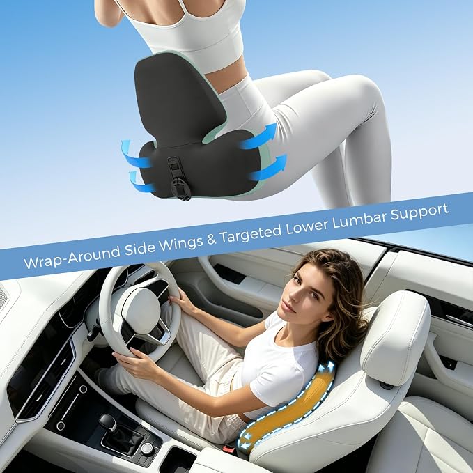 BEBAS Lumbar Support Pillow for Car, Memory Foam Back Cushion for Driving | Ergonomic Wing Wrapping, Back Pain Relief, Breathable Removable Cover, Softness, Universal Fit Car Seat, Office Chair