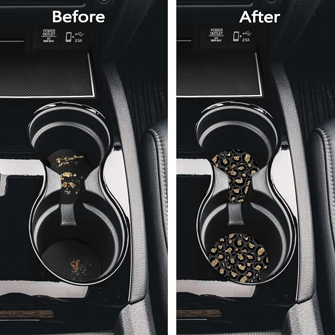 Car Coasters for Cup Holders - Black Gold Leopard Print | 2 Pack Anti Slip Universal Rubber Car Cup Coaster for Women Men, Car Interior Accessories