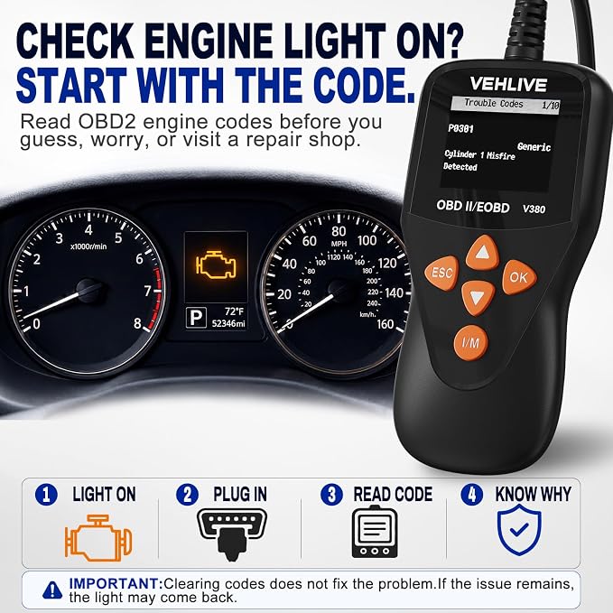 V380 Color OBD2 Scanner Diagnostic Tool, Car Code Reader for Check Engine Light, Read Codes, DTC Lookup, I/M Readiness, Live Data, Battery Voltage Check for 1996+ Gas Cars