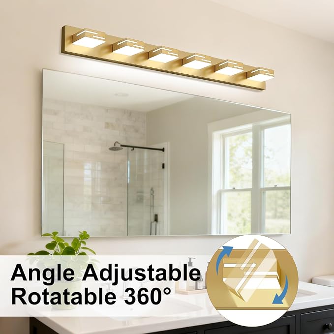 LED Modern Bathroom Vanity Light Fixtures, Dimmable Gold Vanity Lights for Bathroom Lighting Fixtures Over Mirror, with 360° Rotatable Heads 6-Light 42-inch (Cool White 6000K)