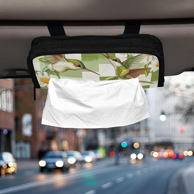 Car Visor Tissue Holder Mask Holder for Car, Car Tissue Box Sun Visor Napkin Holder Car Visor Accessories Adjustable Straps Reusable Durable Easy to Install Checkered Green and White Hummingb