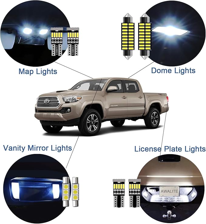 10pcs Tacoma Interior LED Lights Kit Super Bright LED Map Dome Light Bulbs for Toyota Tacoma 2005 2006 2007 2008 2009 2010 2011 2012 2013 2014 2015 2016 2017 2018 2019 2020 2021 2022 all models