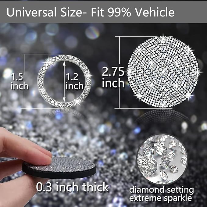 2pcs Bling Car Cup Holder Coasters & 2pcs Push Start Button, 2.75 inch Anti-Slip Shockproof Universal Vehicle Coasters Insert, Bling Car Interior Accessories for Women Suits for Most Cars (White)