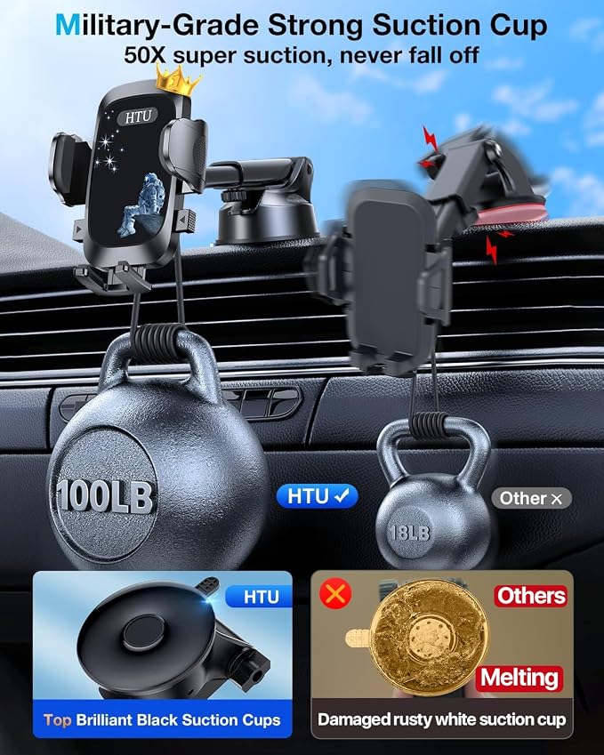 HTU Car Phone Holder【2026 Upgraded 100+LBS Suction & Safety Cert】 Cell Phone Car Mount for Truck Heavy Duty Phone Holder for Dashboard/Windshield/Vent for iPhone 17 16 Pro Max, Navy Blue
