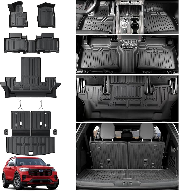 Floor Mats for 2020-2025 2026 Ford Explorer Accessories, Cargo Mat with Backrest Mat All Weather TPE Waterproof for Ford Explorer 6 Passenger Captain Seat ST Accessories 2025 2024 2023