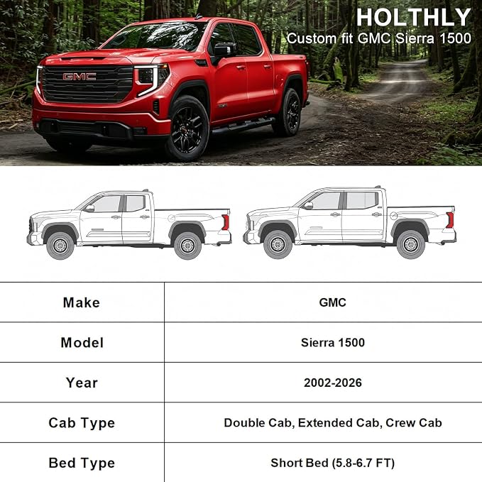 10 Layers Truck Cover Waterproof All Weather Custom Fit GMC Sierra 1500(2002-2026)Double/Extended/Crew Cab Short Bed, Outdoor Full Exterior Pickup Car Cover Sun Rain Snow Ice Protection. Black