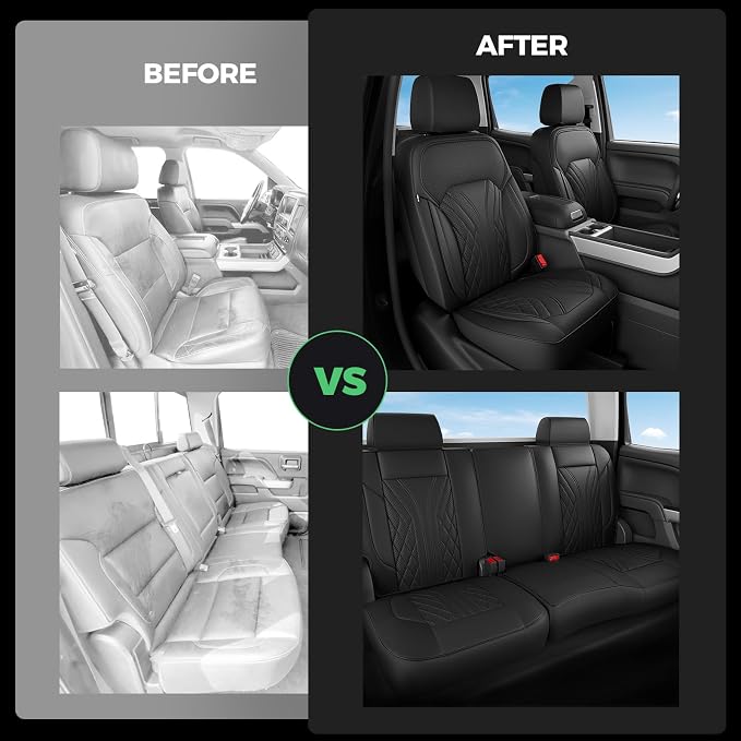 Truck Leather Seat Covers for Chevy Silverado Gmc Sierra 2014-2019 | Crew Cab 1500/2500/3500HD, Bucket Seat, NO Rear Seatback Storage, Scratch-resistant, Easy-clean, Pickup Protector, Full Set