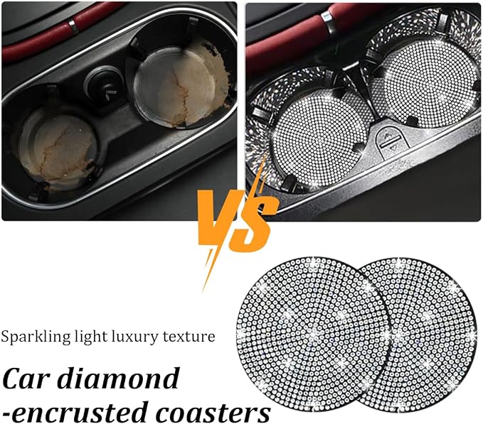 27PCS Bling Car Accessories Set for Women, 14.5-15" Rhinestone Steering Wheel Cover Cup Coaster, USB Charger Phone Holder Headrest Hook, Diamond Auto Interior Decor, Universal Fit (White)