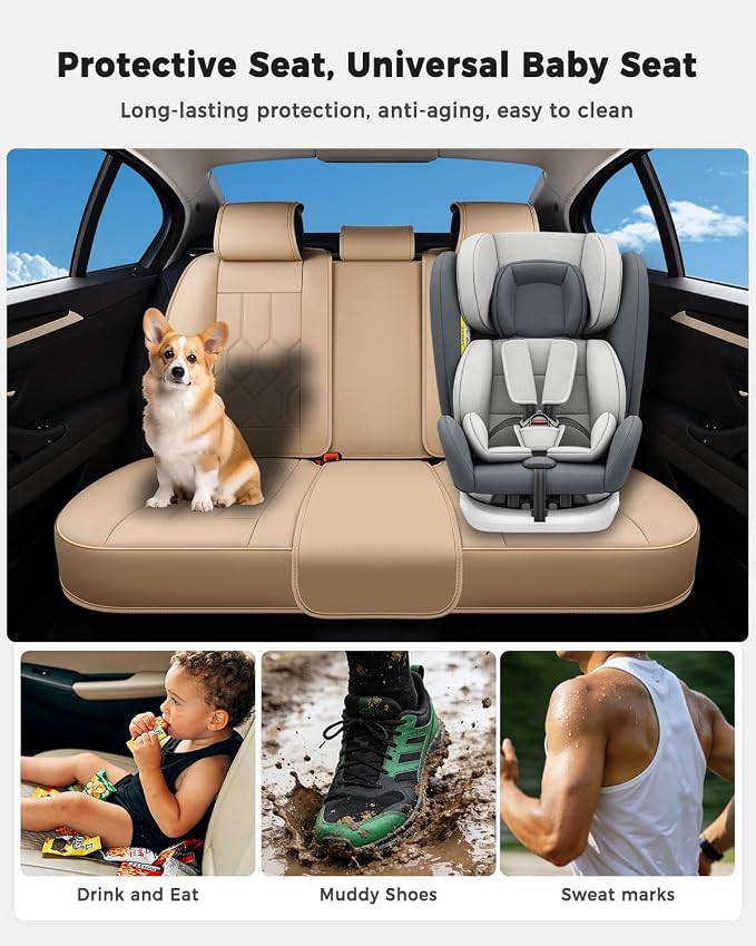 Huidasource Seat Covers Full Set, Universal Fit for Cars SUVs Trucks, Beige | Full Coverage Leather Car Seat Cover, Airbag, Cupholder Compatible, Seat Function Retain, Velcro Adjustable