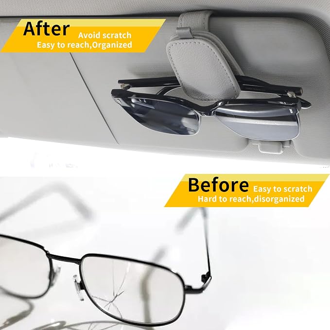 Yuoyar Magnetic Leather Sunglasses Holder for Car, 2 Packs (Silver Grey) | Magnetic Car Visor Accessories