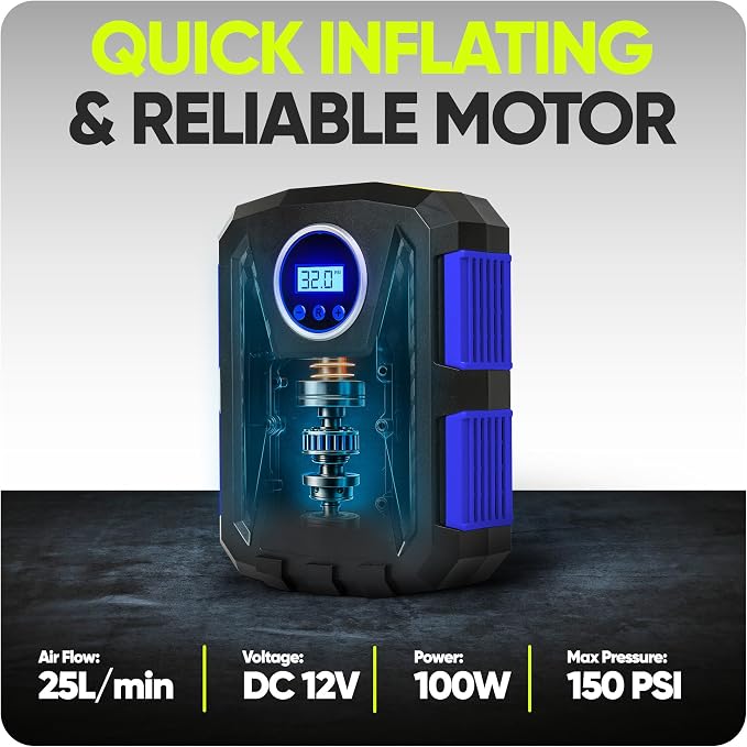 FORTEM Tire Inflator Portable Air Compressor, Air Pump for Car Tires and Bikes, Car Tire Pump w/Auto Shut Off, 150 PSI, 12V DC, LED Light, Carrying Case, Perfect For Men, Women