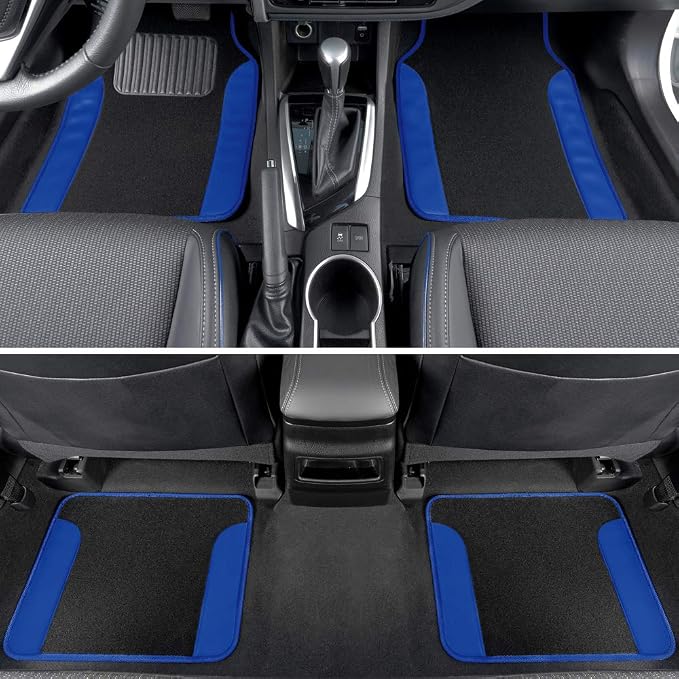 BDK Carpet Floor Mats for Cars, Two-Tone Carpet Car Mat with Faux Leather Accents, Automotive Floor Mat Sets with Built-in Heel Pad, Stylish Interior Car Accessories Blue
