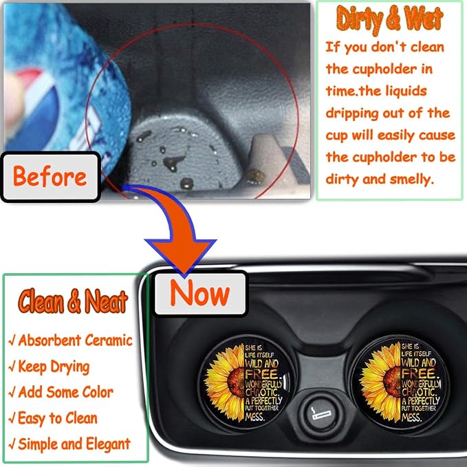 Car Coasters for Women 2 Pack, Ceramic Absorbent Cup Holders for Mother's Day, Keep The Car Clean and Dry, Auto Small 2.56" Coasters Set for Mum (Half Sunflower)