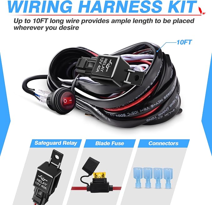MICTUNING MIC-B1002 LED Light Bar Wiring Harness, Fuse 40A Relay On-off Waterproof Switch