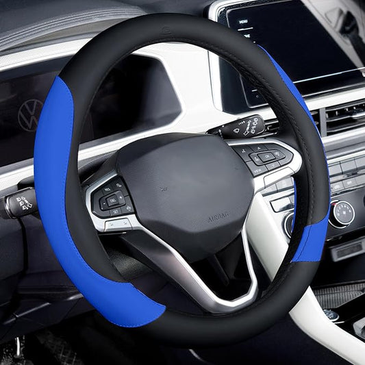 Coverado Car Steering Wheel Cover, Nappa Leather Black & Blue Steering Wheel Covers for Women, Universal 14-15 inch, Anti-Slip, Breathable Steering Wheel Protector