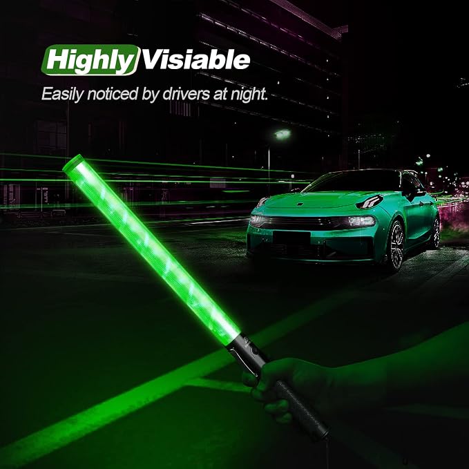 RoadHero 1 Pack 21 Inch Traffic Wands, Green Led Traffic Control Baton, Night Safety Light Wand with 2 Flashing Modes, Air Marshaling Signal Wand with Side Clip for Airport, Parking, Car Directing