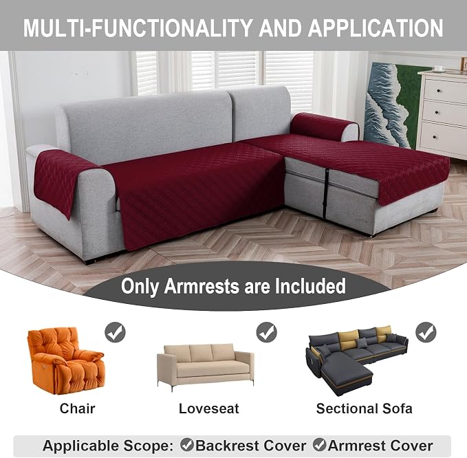 Genina Sofa Armrest Cover, Anti-Slip Armchair Slipcovers for Dogs Cats Pet, Water Resistant Couch Arm Cover for Backrest Recliner Loveseat, L Shaped Sofa, 23.6 x 27.5 Inches（2 Pieces）