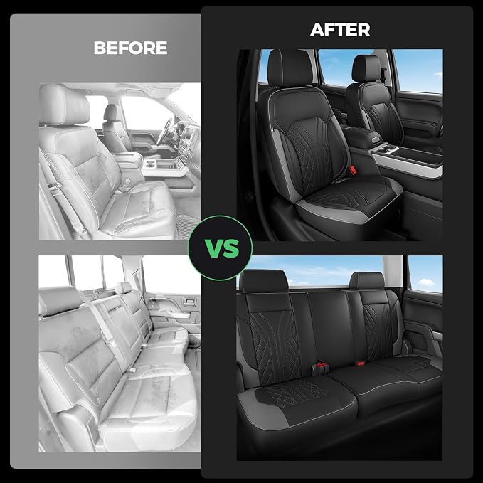 Truck Leather Seat Covers for Chevy Silverado Gmc Sierra 2014-2019 | Crew Cab 1500/2500/3500HD, Bucket Seat, NO Rear Seatback Storage, Scratch-resistant, Easy-clean, Pickup Protector, Full Set