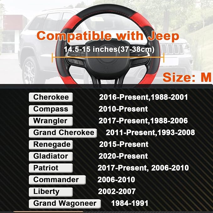GIANT PANDA Steering Wheel Cover for Jeep Wrangler, Car Steering Wheel Cover for Jeep Grand Cherokee and Cherokee - Black+Red