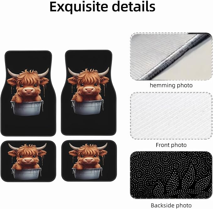 Universal Fit Car Floor Mats Set of 4Pcs, Highland Cow Print All-Weather Front Rear Car Carpet Mats, Non-Slip Car Floor Mat Car Accessories for Automotive Trucks SUV Sedans Vans
