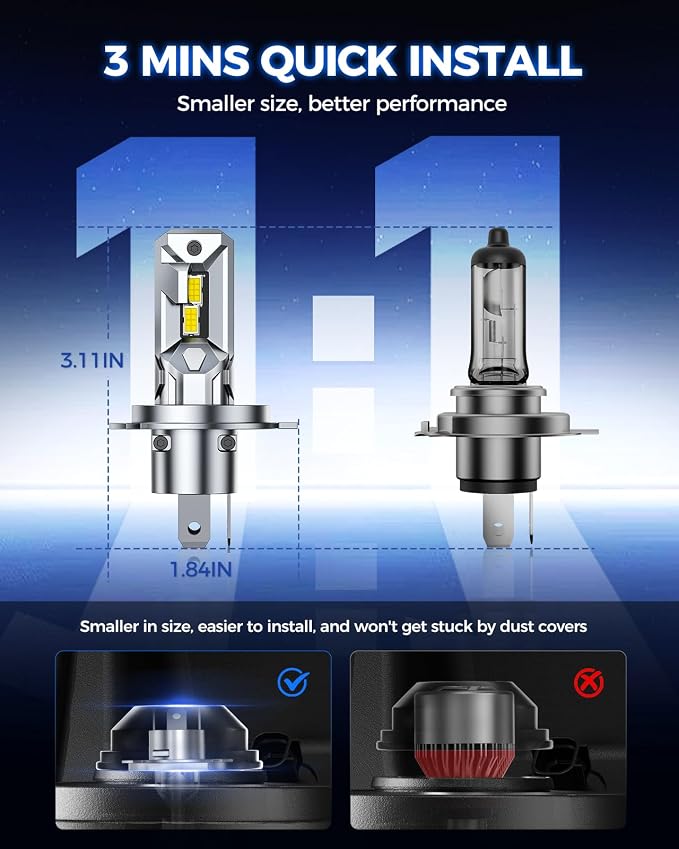 Marsauto H4/9003 Light bulb, 800% 40000LM Brightness 6500K Cool White, Real 1:1 Mini Size, Plug and Play, Non-polarity, Pack of 2