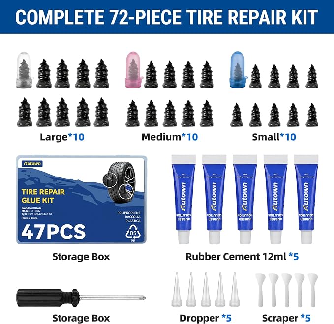 AUTOWN 47PCS Tire Repair Rubber Nail Kit - Complete Screw Plug Kit with Glue, Fast Fix for Flat Tires on Car, Truck, Motorcycle, SUV & More