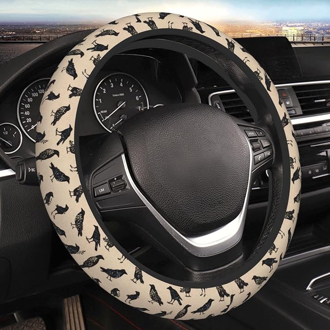 Goth Raven Elastic Steering Wheel Cover Non-Slip Breathable Steering Wheel Protector Fit Auto, SUVs, Truck