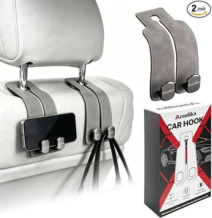 Car Headrest Hook, Car Seat Headrest Hooks and Purse Hook for Car, Leather Seat Back Organizer with Phone Holder, Universal Hidden Storage for SUV/Truck (Grey-2Pack)