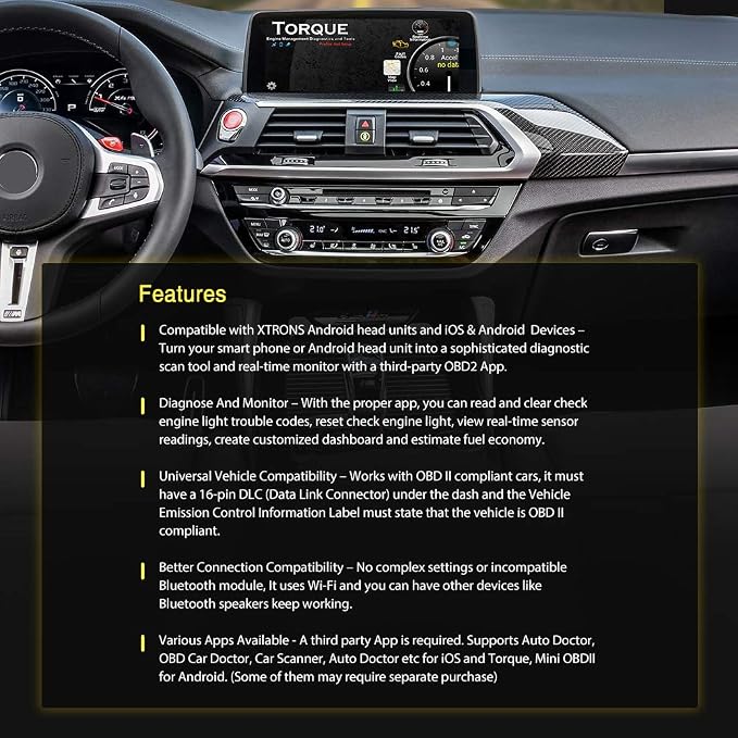 XTRONS OBD2 Android OBDII Car Auto Diagnostic Scanner Tool Torque Special for All Android Car Stereo Compatible Ford Cadillac Lexus VW Porsche BMW